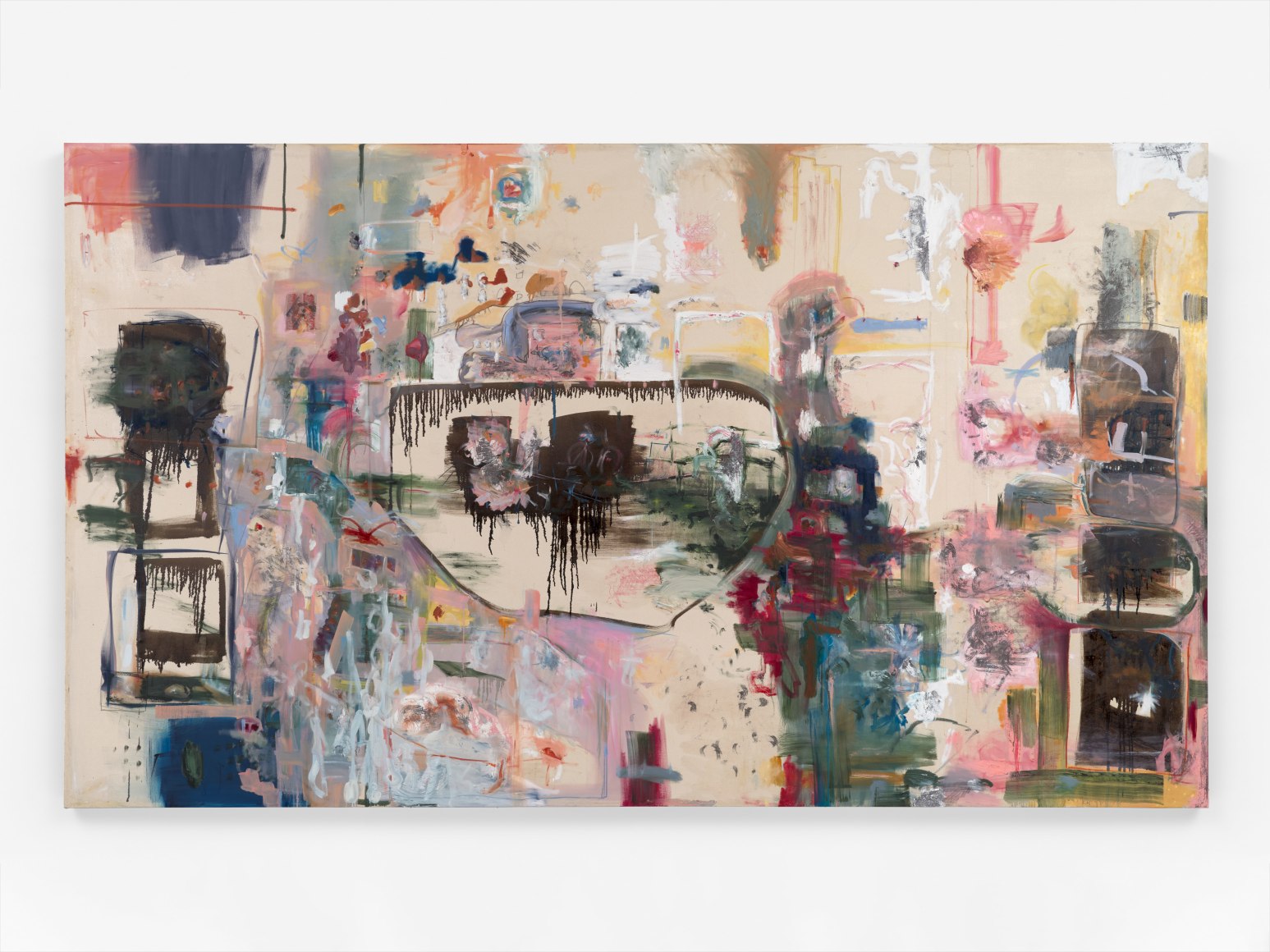 Uri Aran, and Counting, 2024. Oil, polyurethane, oil pastel, graphite, and charcoal on canvas. 87 1/8 x 148 1/2 x 1 1/2 inches.