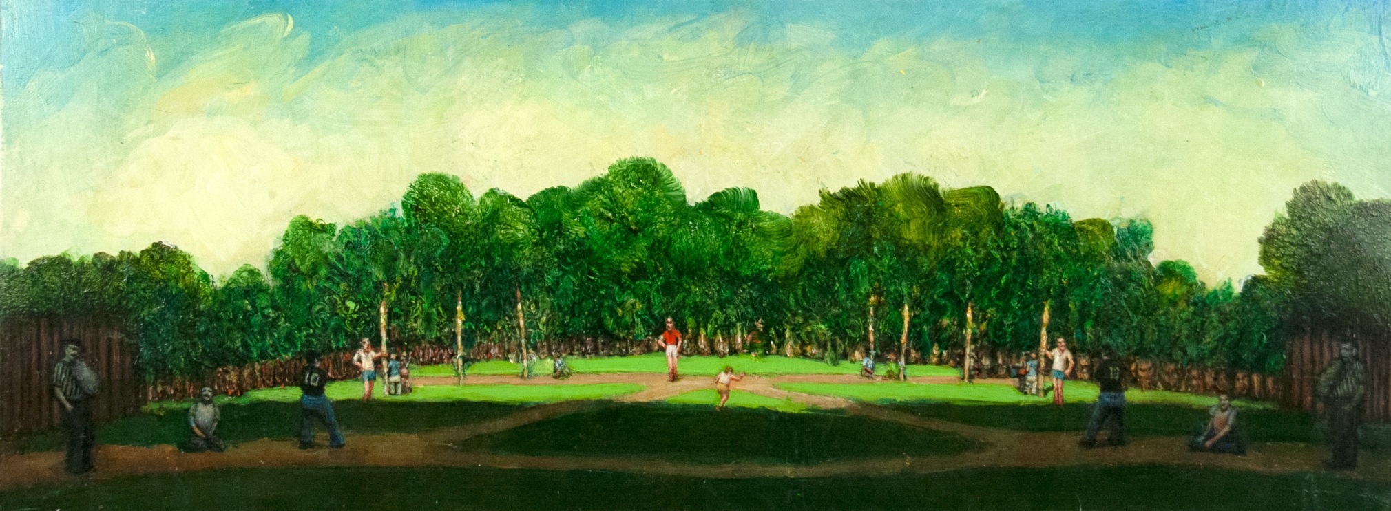 Gregory Gillespie, Lani's Game, 1999, oil on wood, 10 1/2 x 28 1/4 inches