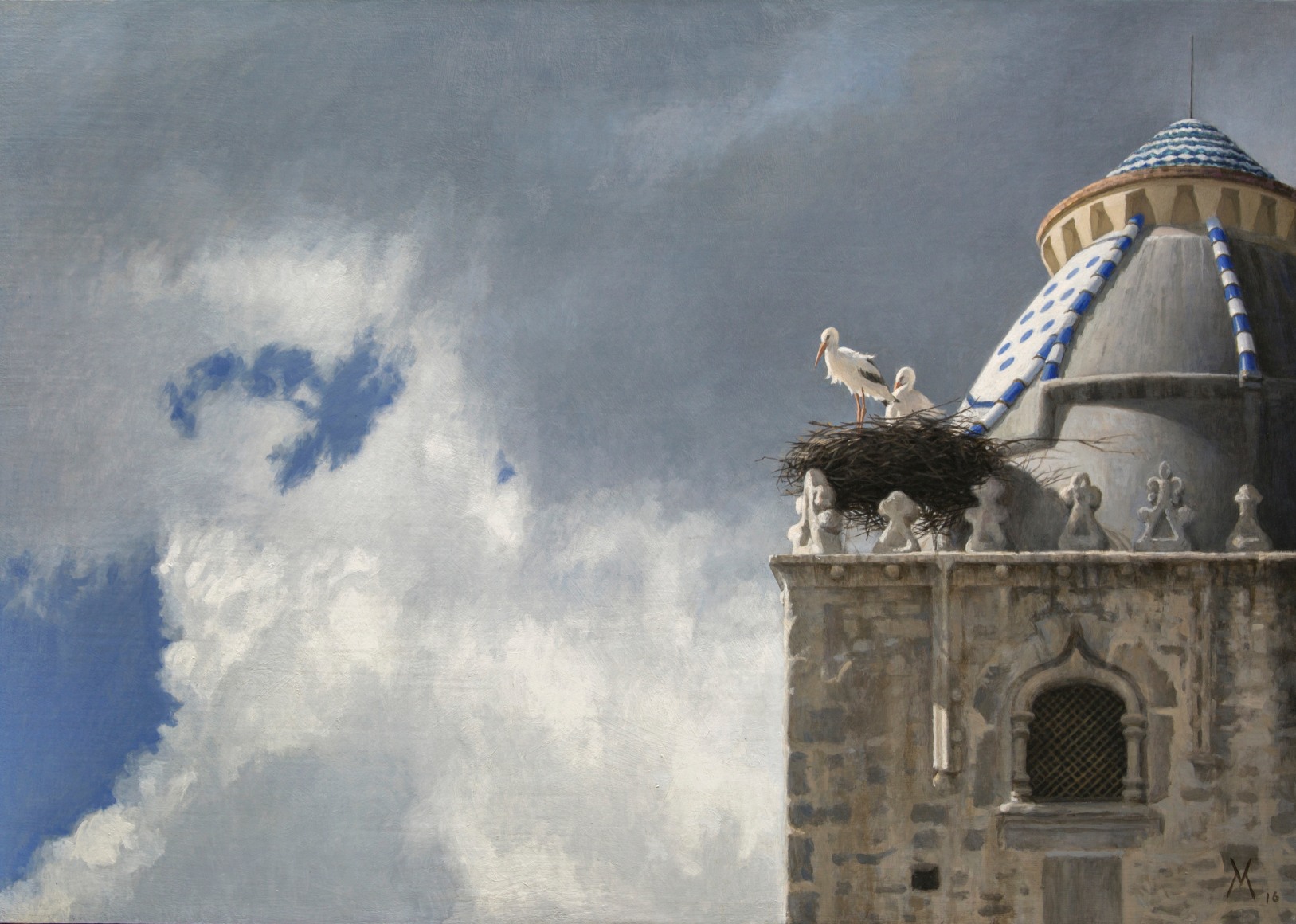 guillermo munoz vera, Storks at Trujillo (Cigüeñas en Trujillo), 2016, oil on canvas mounted on panel, 26 3/8 x 37 inches