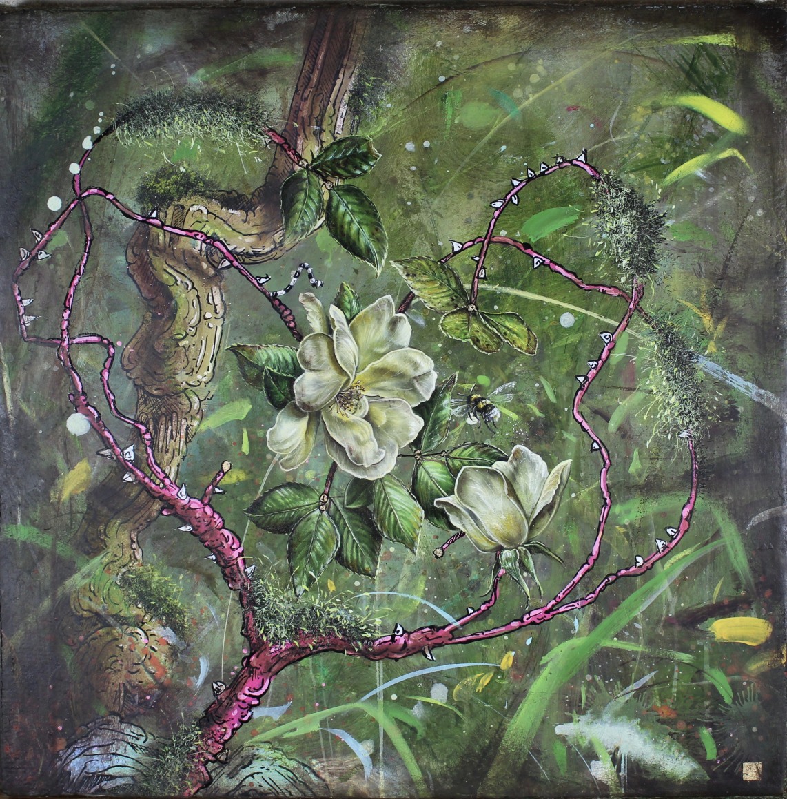 "Be gentle my dear...", 2020, oil, gold leaf, ink and cold wax on marble plastered jute wrapped panel, 16 x 16 inches