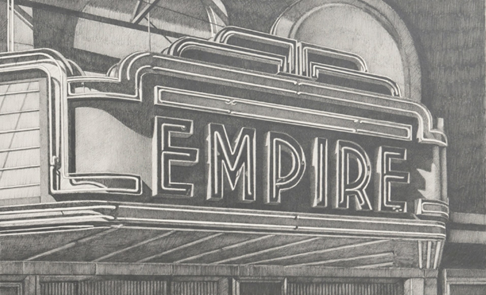 robert cottingham, Empire, 2008, graphite on paper, 17 1/4 x 28 inches
