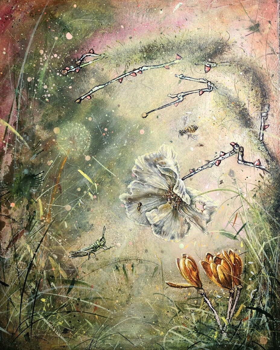 "The first time we met, it was springtime...", 2024, oil, gold leaf, ink and cold wax on marble plastered linen wrapped panel, 14 x 11 inches