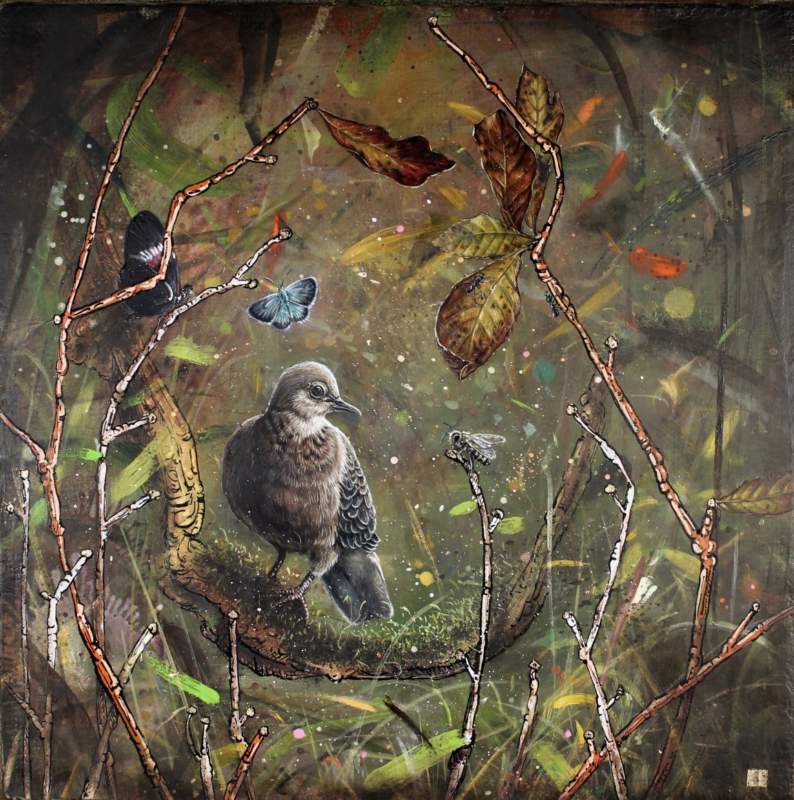 "I have a story to tell you...", 2020 oil, gold leaf, ink and cold wax on marble plastered jute wrapped panel 16 x 16 inches