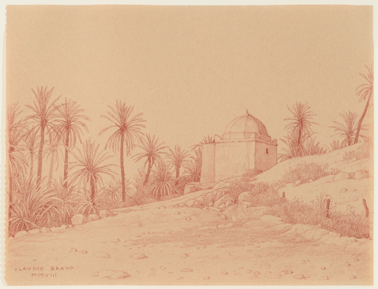 Claudio Bravo, Marabout de Tata, 2008, sanguine on sepia paper, 9 1/2 x 12 inches