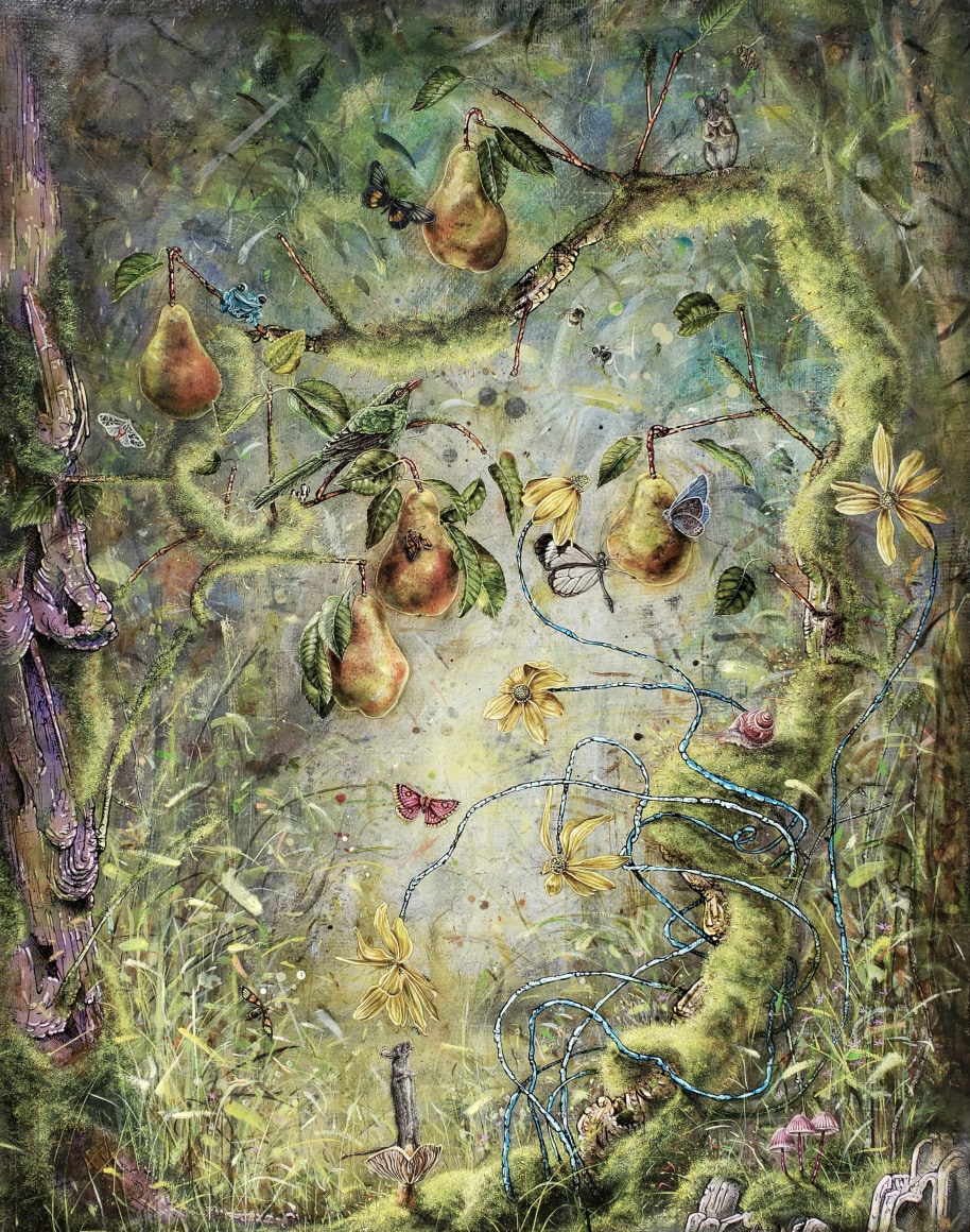 "A curious thing...", 2020, oil, gold leaf, ink and cold wax on marble plastered jute wrapped panel, 40 x 32 inches