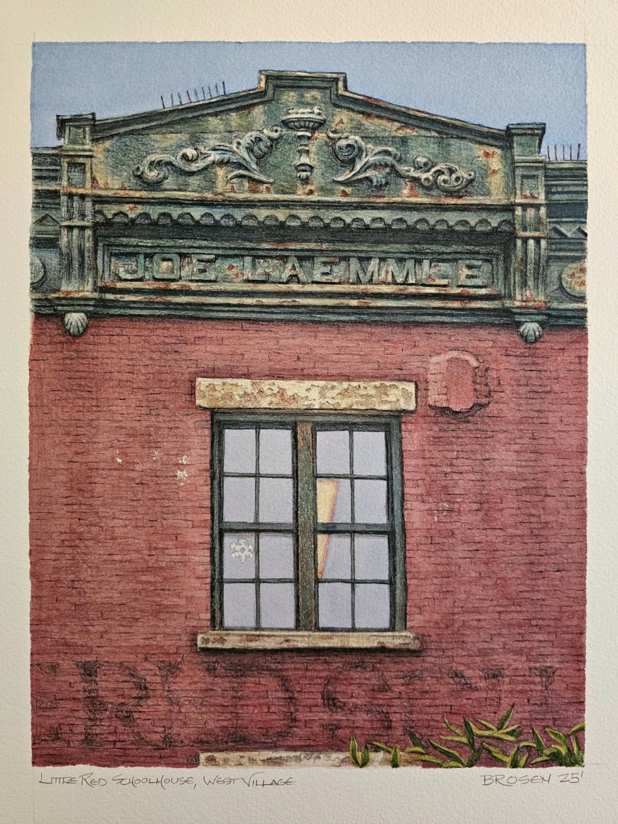 Frederick Brosen, Little Red Schoolhouse, 2025, watercolor and graphite on paper, 10 1/2 x 8 inches (image)