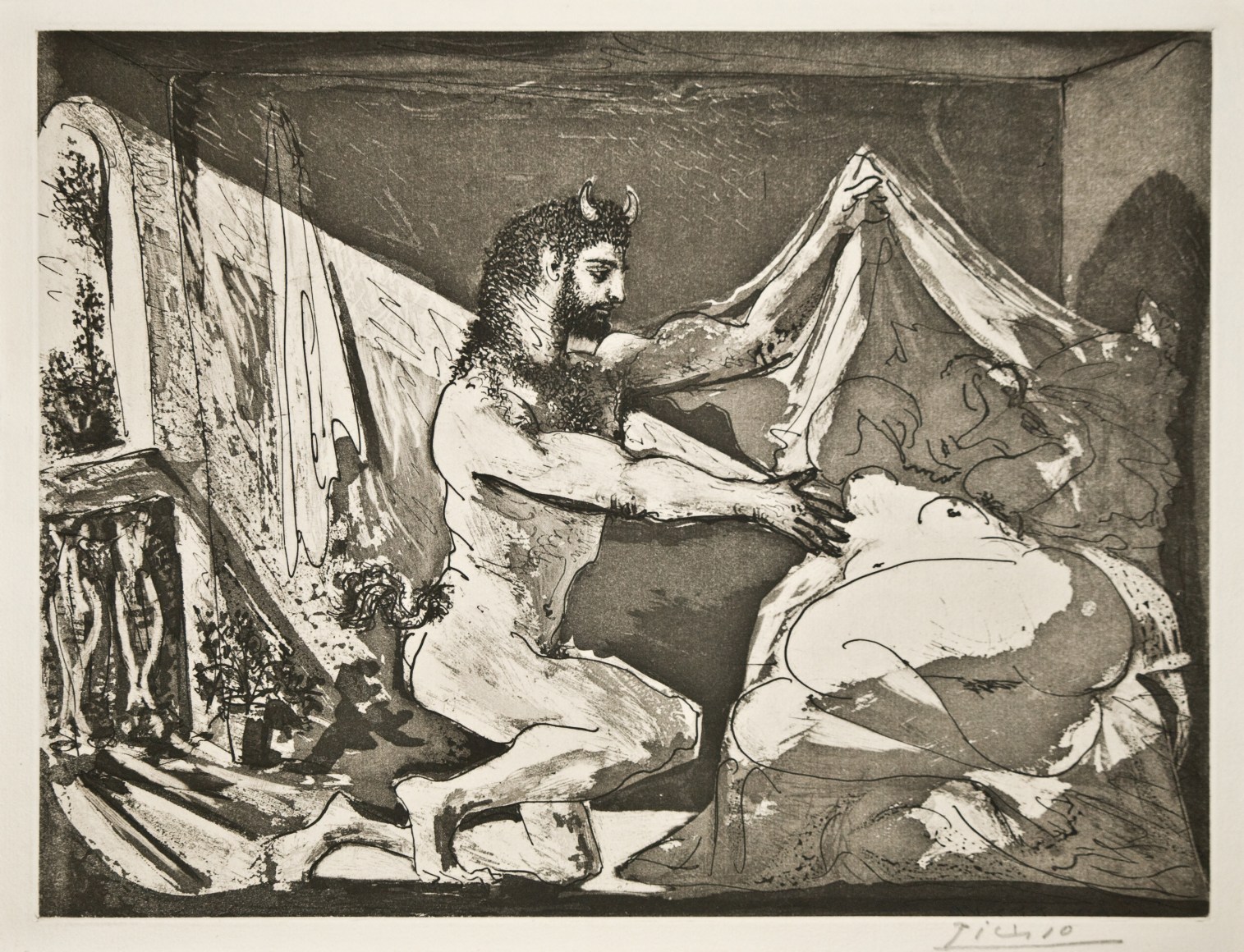 Pablo Picasso Faune dévoilant une Dormeuse (Jupiter et Antiope, d'après Rembrandt), 1936 (June 12, Paris) Sugarlift aquatint and burin with scraper printed on Montval laid paper with Vollard watermark 12 5/16 x 16 5/16 inches (image) Edition of 250