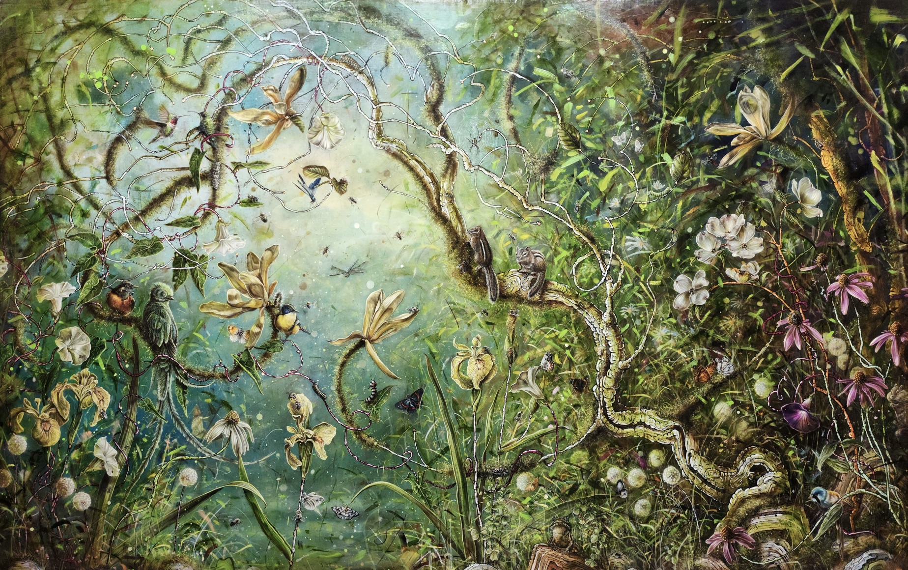 "A garden's revolution...", 2020 oil, gold leaf, ink and cold wax on marble plastered jute wrapped panel 43 x 70 inches