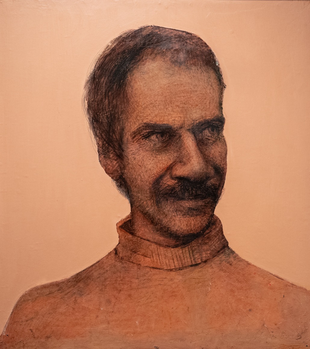 Self Portrait (Sly Look), 1983-84, oil/alkyd, pencil, colored pencil and charcoal on wood, 28 x 25 inches