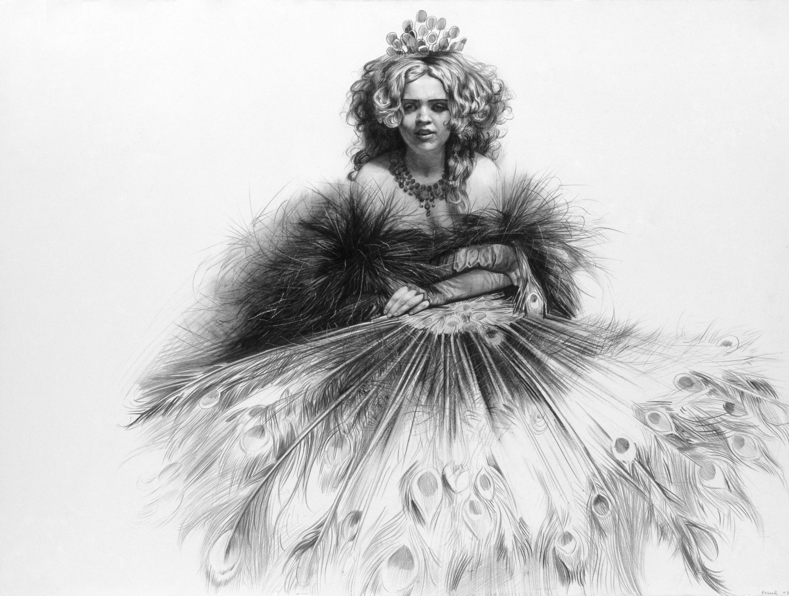 Steven Assael Amber with Peacock Feathers 5, 2002, graphite on paper, 22 3/4 x 30 inches