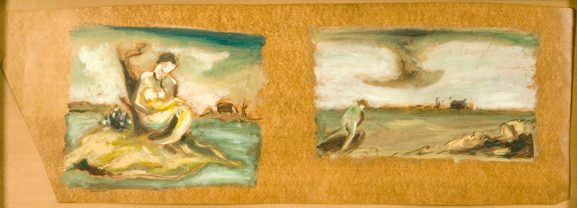 Jackson Pollock, Two Landscapes with Figures, c. 1934-1938, oil on linoleum, 8 7/8 x 25 1/8 inches