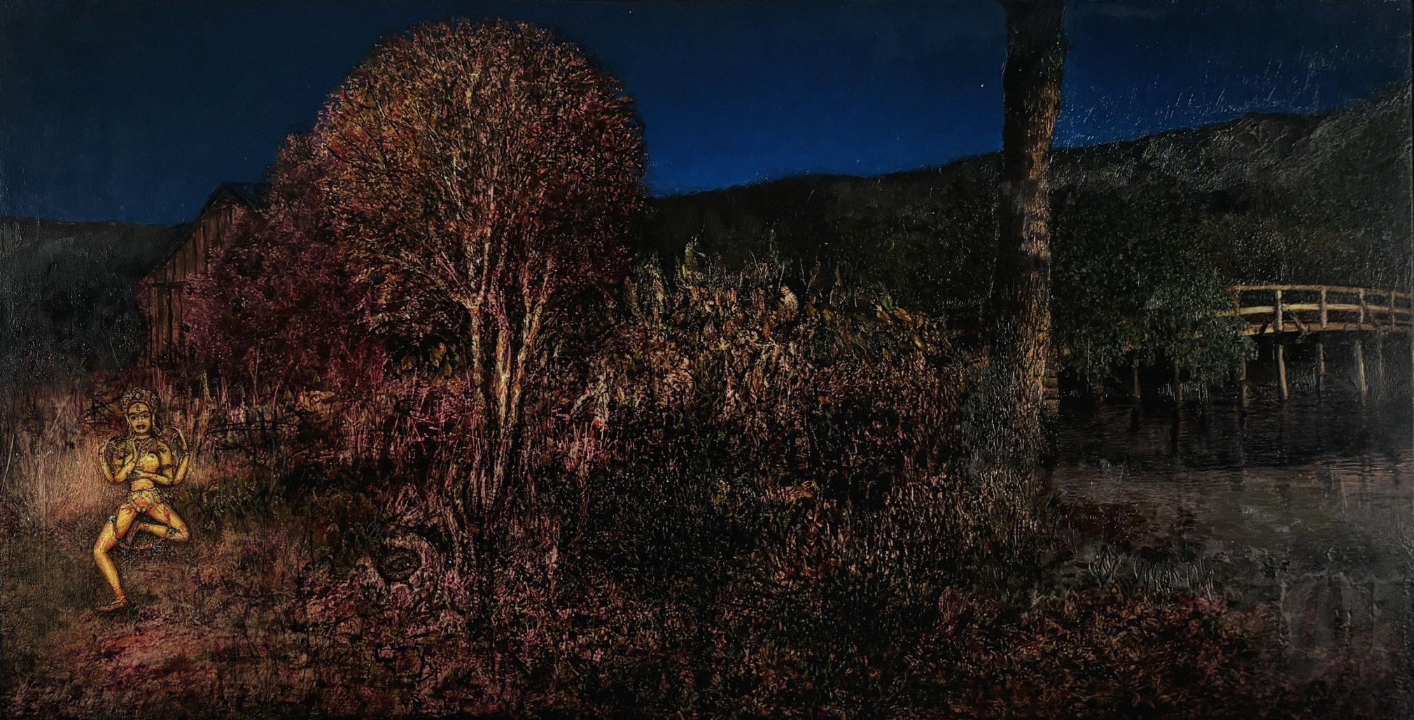 Gregory Gillespie Landscape with Dancing Shiva, 1983-90 oil and alkyd on board 15 x 30 1/2 inches