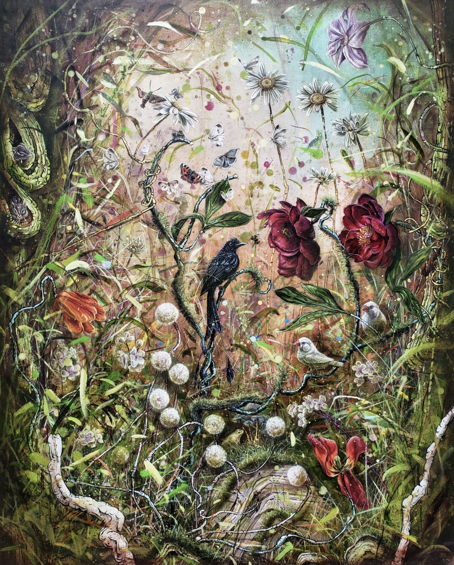 "There is more to the story...", 2021, oil, gold leaf, ink and cold wax on marble plastered jute wrapped panel, 40 x 32 inches