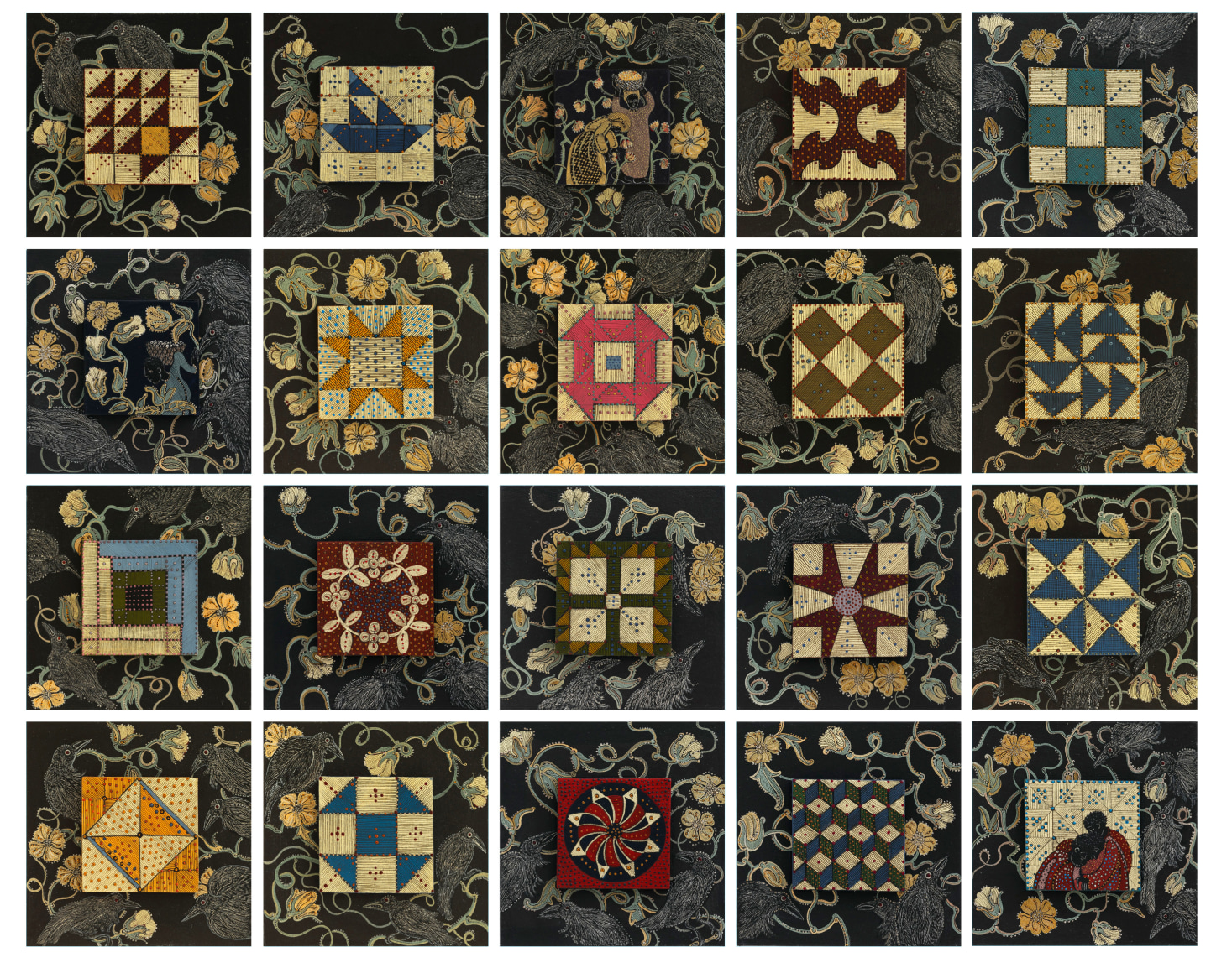 stephanie wilde, Intentional Silence II, 2018, ink, acrylic, gesso and gold leaf on museum board, 4 x 4 inches each