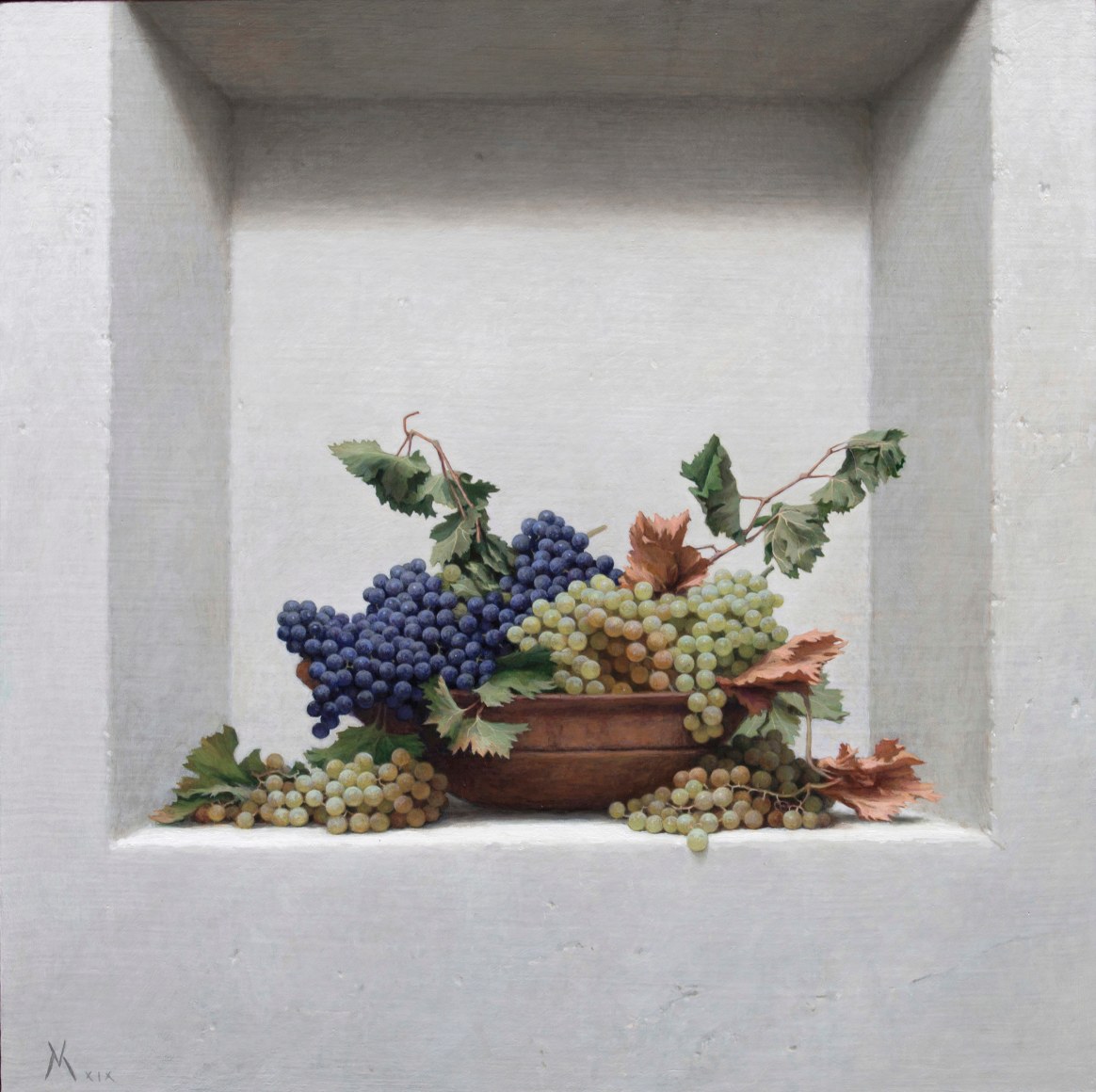Guillermo Muñoz Vera, Grapes, 2019, oil on canvas mounted on panel, 35 1/2 x 35 1/2 inches, 90 x 90 cm