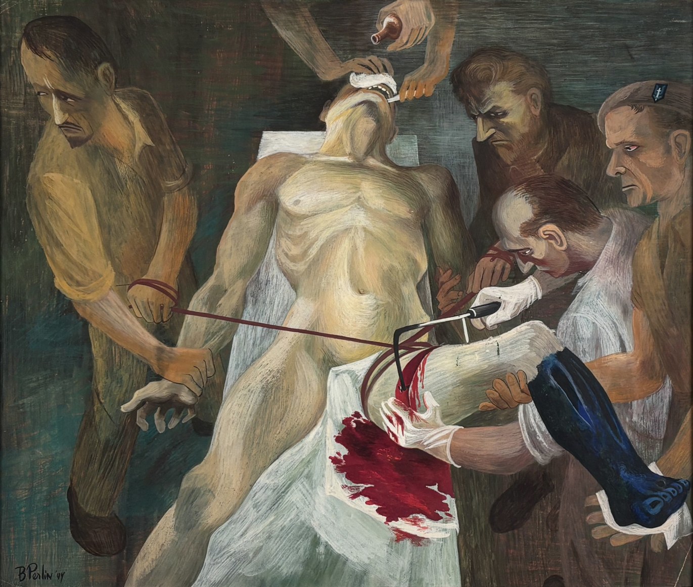 Bernard Perlin In Hospital (The Operating Room), 1944 casein tempera on panel 16 7/8  x 19 7/8 inches