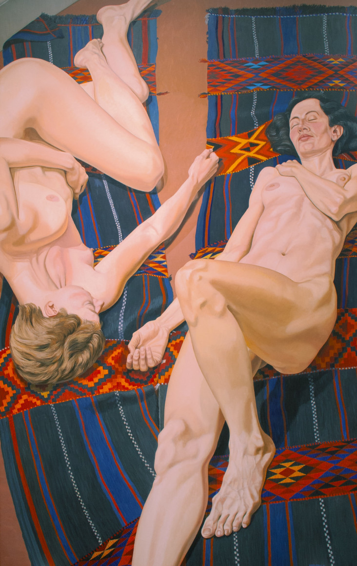 Two Models with Bedouin Rug (SOLD), 1987, oil on canvas, 96 x 60 inches