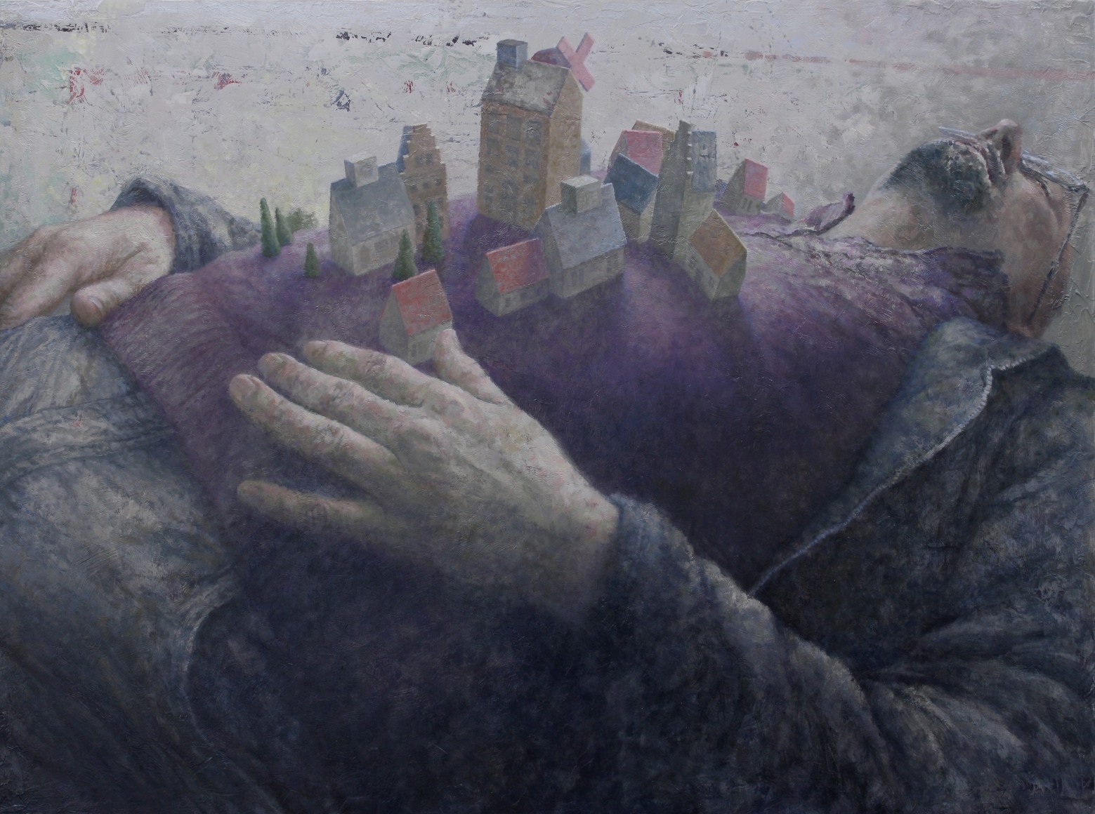 Mich&egrave;le Fenniak, Town (Portrait of Paul) [SOLD], 2018, oil on panel, 17 3/4 x 23 3/4 inches