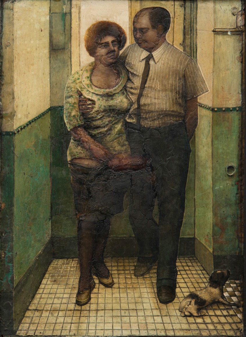 Gregory Gillespie Standing Couple, 1967 oil, tempera and collage on wood 10 3/4 x 8 1/2 inches