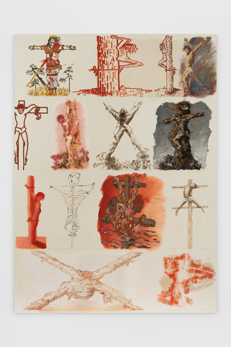 Joshua Miller, "Unity and Apathy, Crucifixes", 2019 oil on canvas Framed: 80h x 58w x 2d in 203.20h x 147.32w x 5.08d cm #JM001