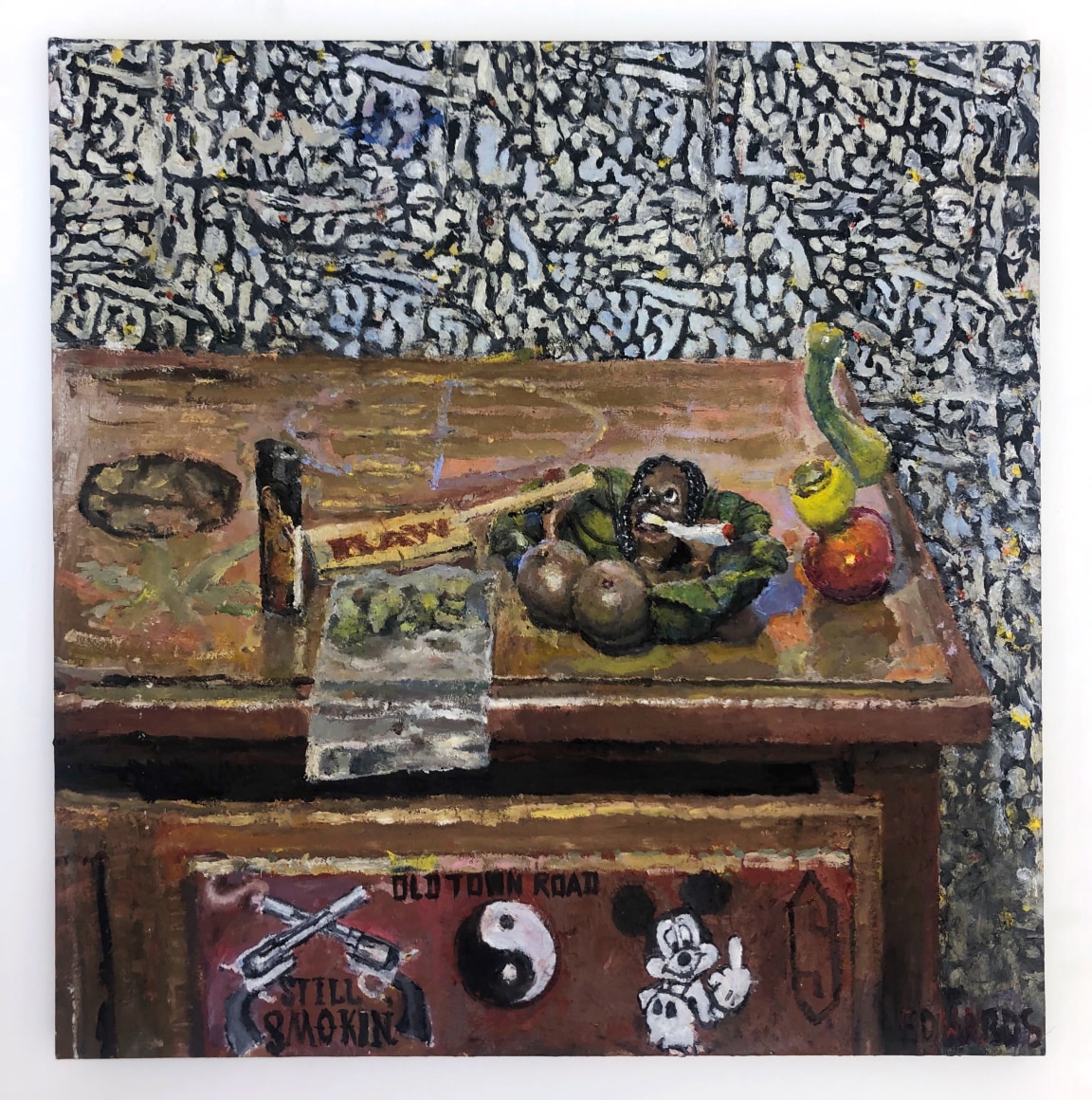 Jesse Edwards, "Still Life with Doodles", 2018-2019 oil on canvas 23h x 23w x 1d in 58.42h x 58.42w x 2.54d cm #JE001