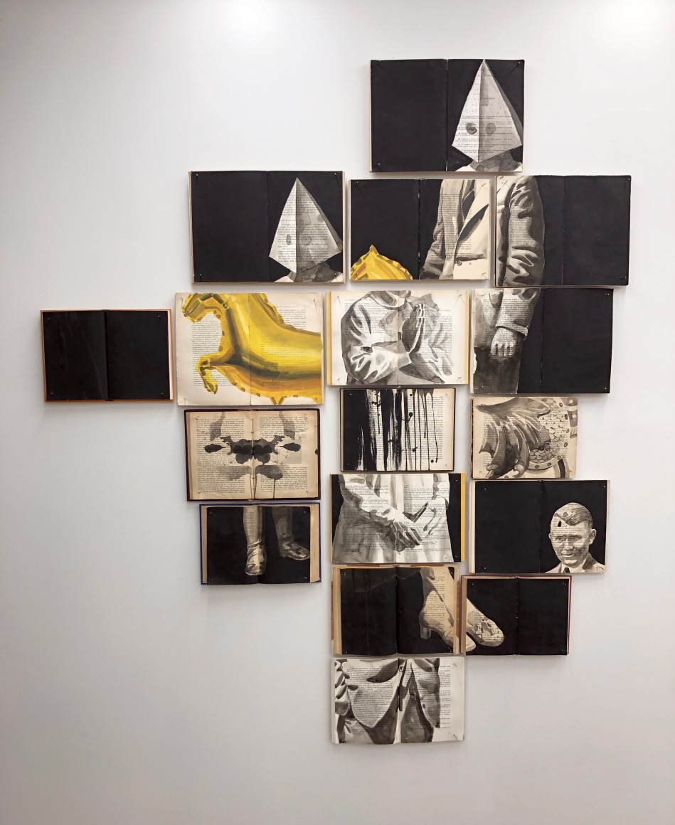Ekaterina Panikanova, Untitled, 2019 books, nails, wood, ink, acrylic 61 1/2h x 52 1/2w x 1d in 156.21h x 133.35w x 2.54d cm #EP002