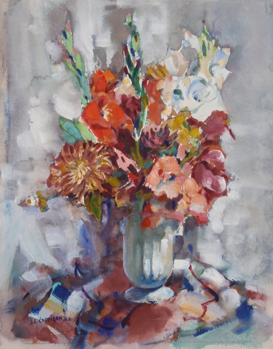 Image of John Costigan's 1966 watercolor titled &quot;Flower Arrangement&quot; showing gladiolus and other flowers in a white vase.