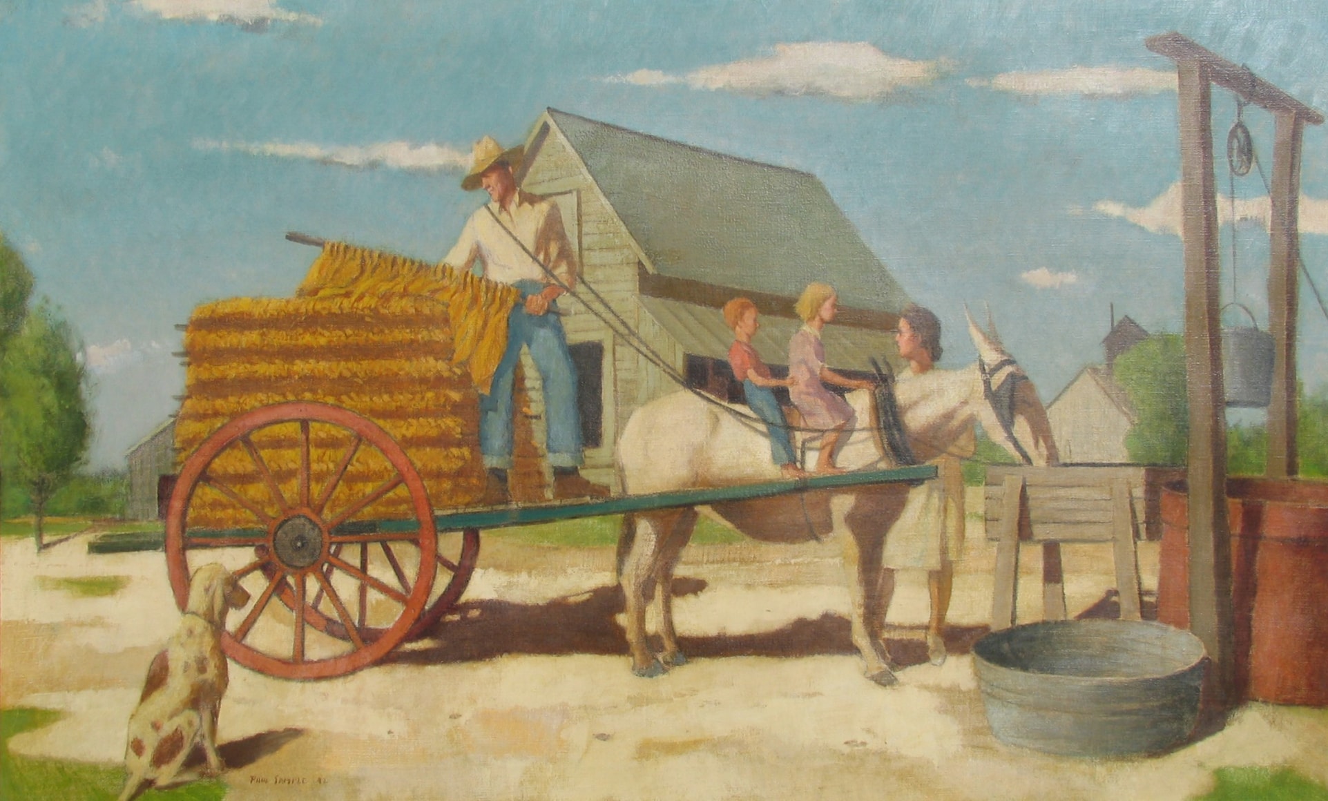 Image of Paul Sample oil painting titled &quot;Cartin' the Leaf&quot; showing a cart, loaded with dried tobacco leaves, being pulled by a white mule with two children on its back.
