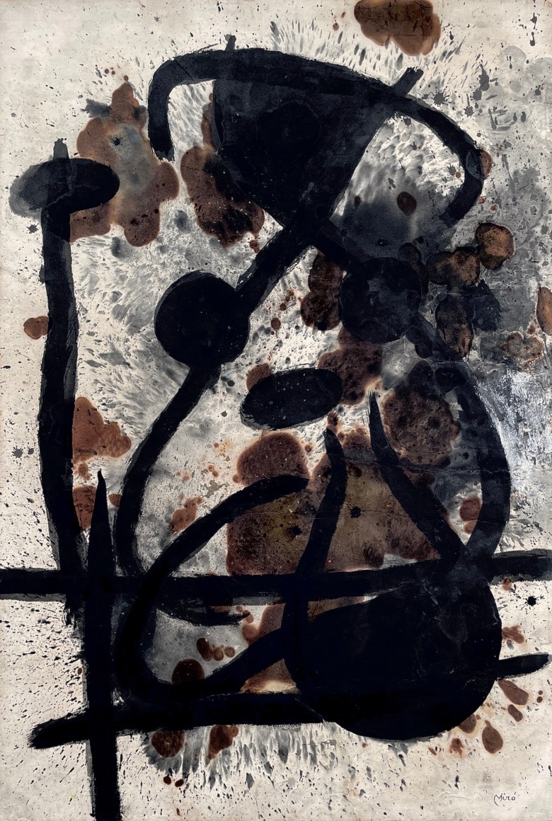 Image of Joan Mir&oacute;'s abstract painting titled &quot;T&ecirc;te de femme&quot; in black, brown and grey gouache.