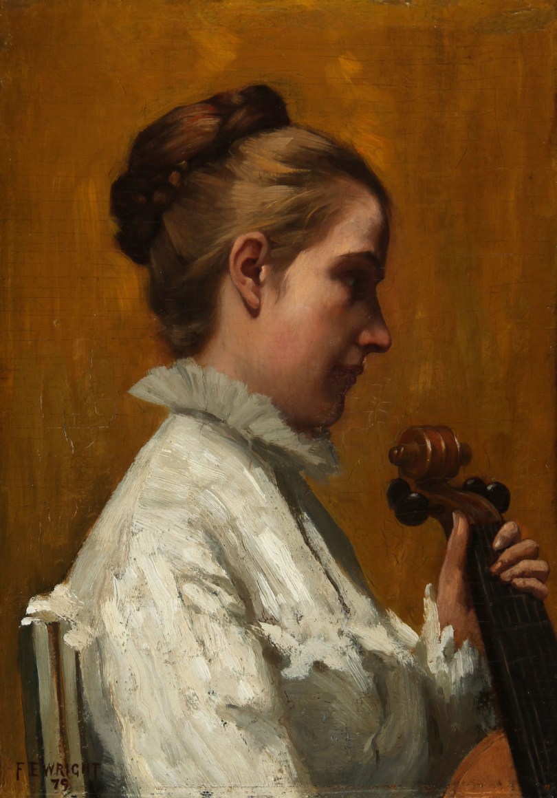 Image of Frederick E. Wright's 1879 painting of &quot;A Musician&quot; depicting a woman in white holding a cello.