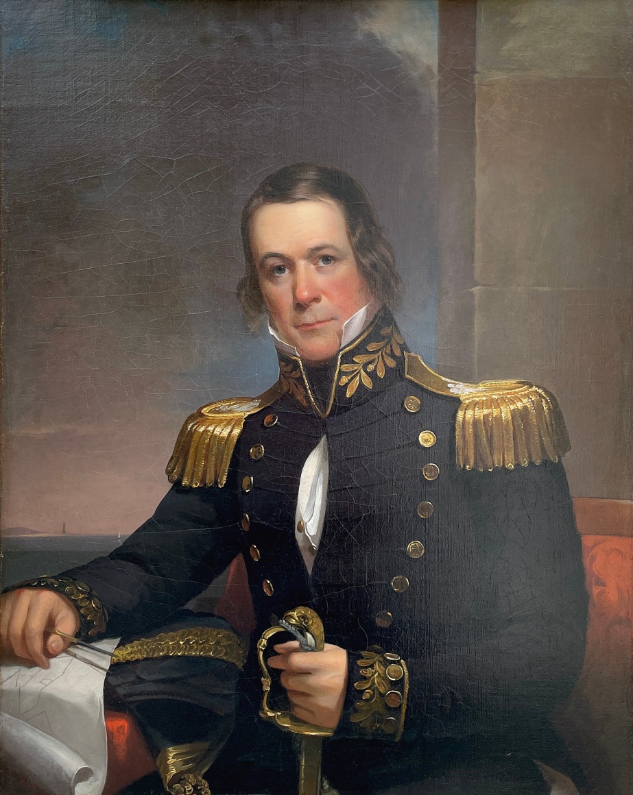 Image of portrait painting by unknown artist of Commodore David Deacon who is seated and holding a sword.