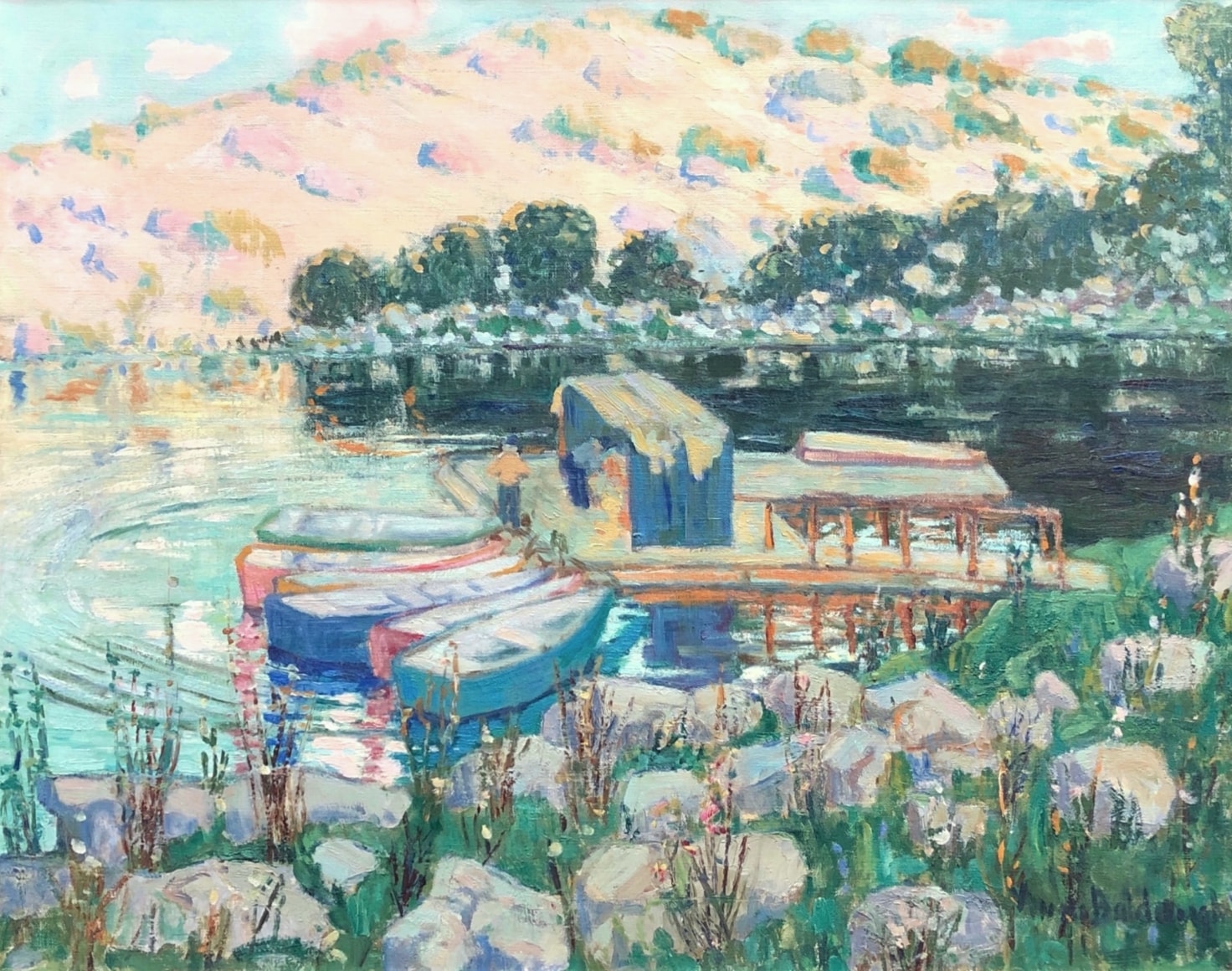 Image of Anni Baldaugh's oil painting of pinkish-yellow southern California foothills in the distance with a lake, dock and 4 brightly colored rowboats in the foreground.