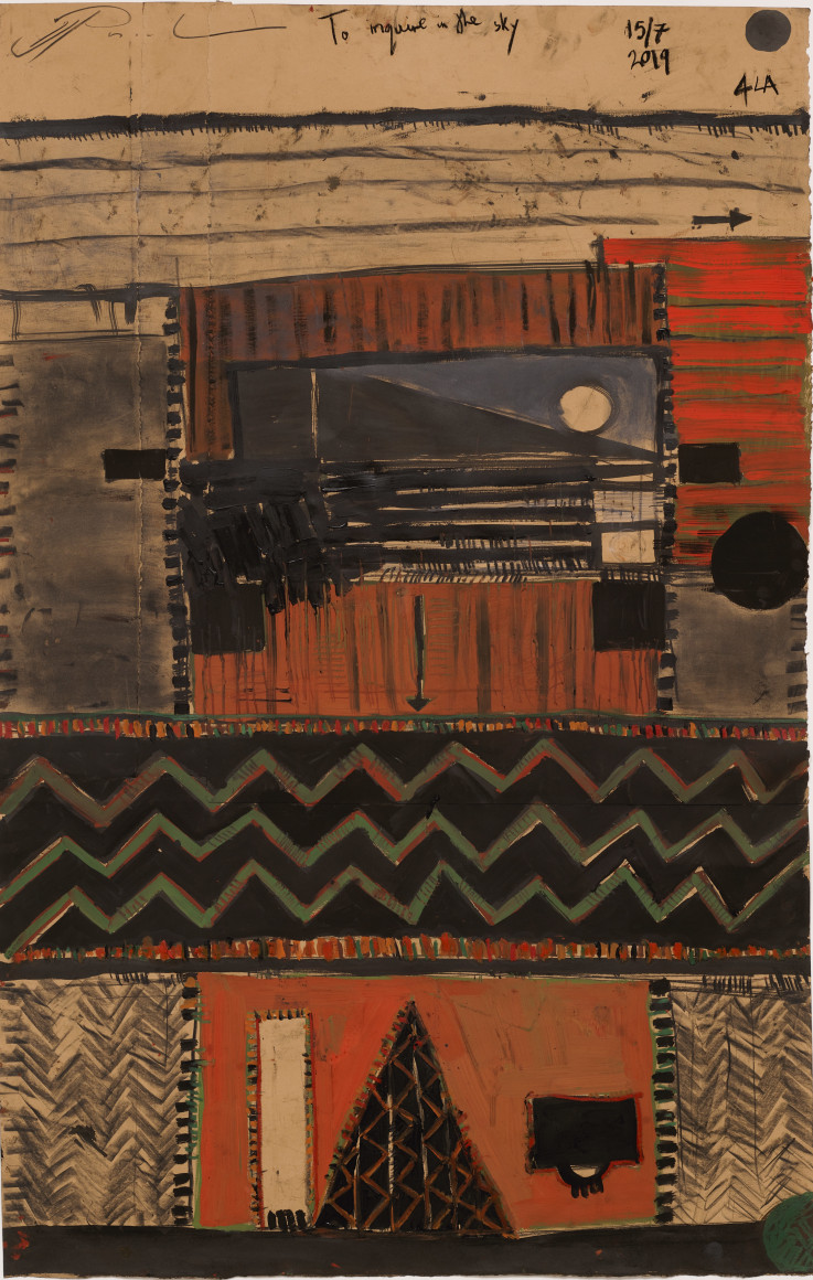BRINTZ GALLERY, IRVIN PASCAL, To Inquire in the Sky, 2019, Oil pastel, gouache, acrylic and amalgamated media on cotton paper, 48 by 30 inches, Unique Art