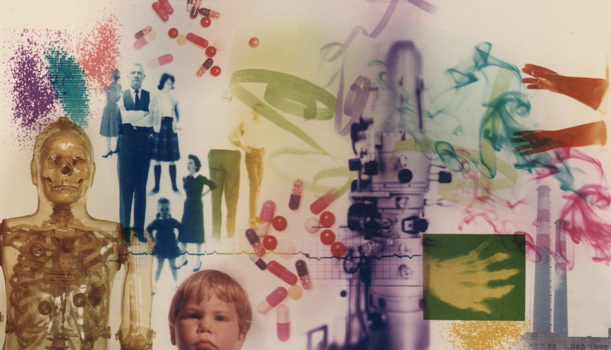 22. David Attie, Untitled (Pharmaceutical Montage), ​c. 1970. Composite color photo featuring a model skeleton, various pills, adults and children, wisps of smoke, gloves, and more.