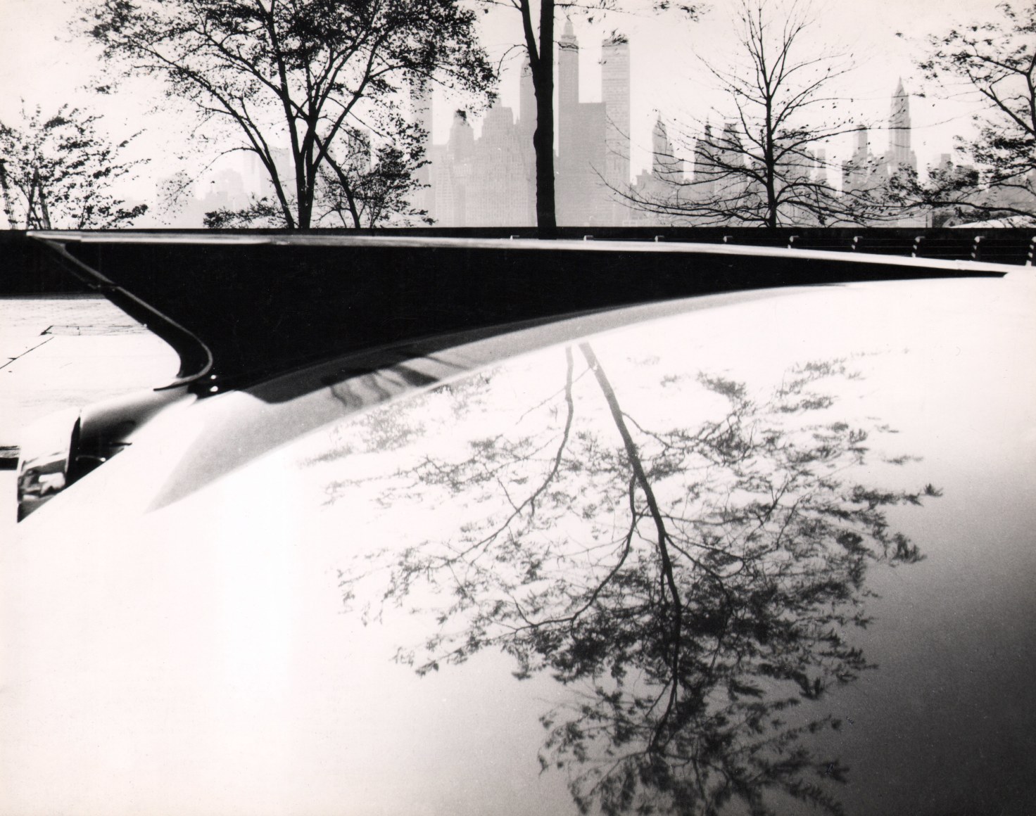 11. Jan Lukas, Untitled, ​1964. Foreground detail of a car's surface reflecting a tree. City skyline is visible in the background.