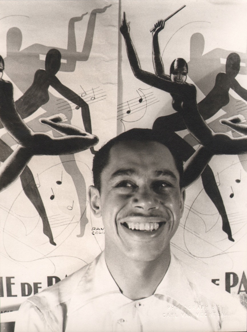 35. Carl Van Vechten, Cab Calloway, ​c. 1933. Bust-length portrait with subject smiling, eyes cast up to the left, against a backdrop featuring dancing figures and music notes.