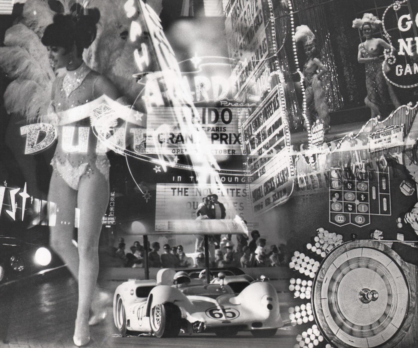 13. David Attie, Car &amp; Driver, Las Vegas, ​1967. Composite photo featuring showgirls, marquees, a roulette table, and a racecar.