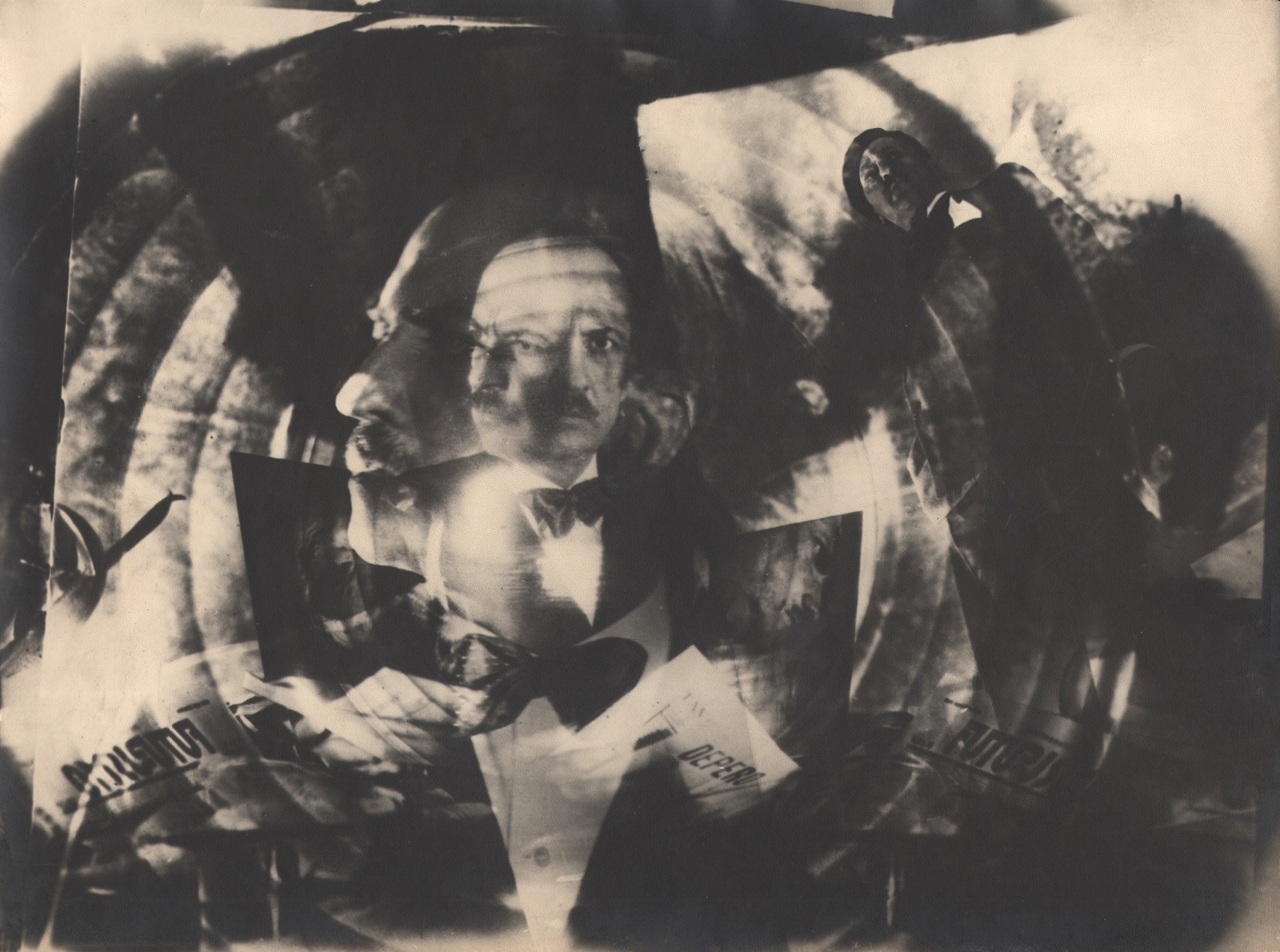Elio Luxardo, F.T. Marinetti, ​1930. Abstract portrait featuring a man with a mustache in a tuxedo and a distortion with concentric circles.