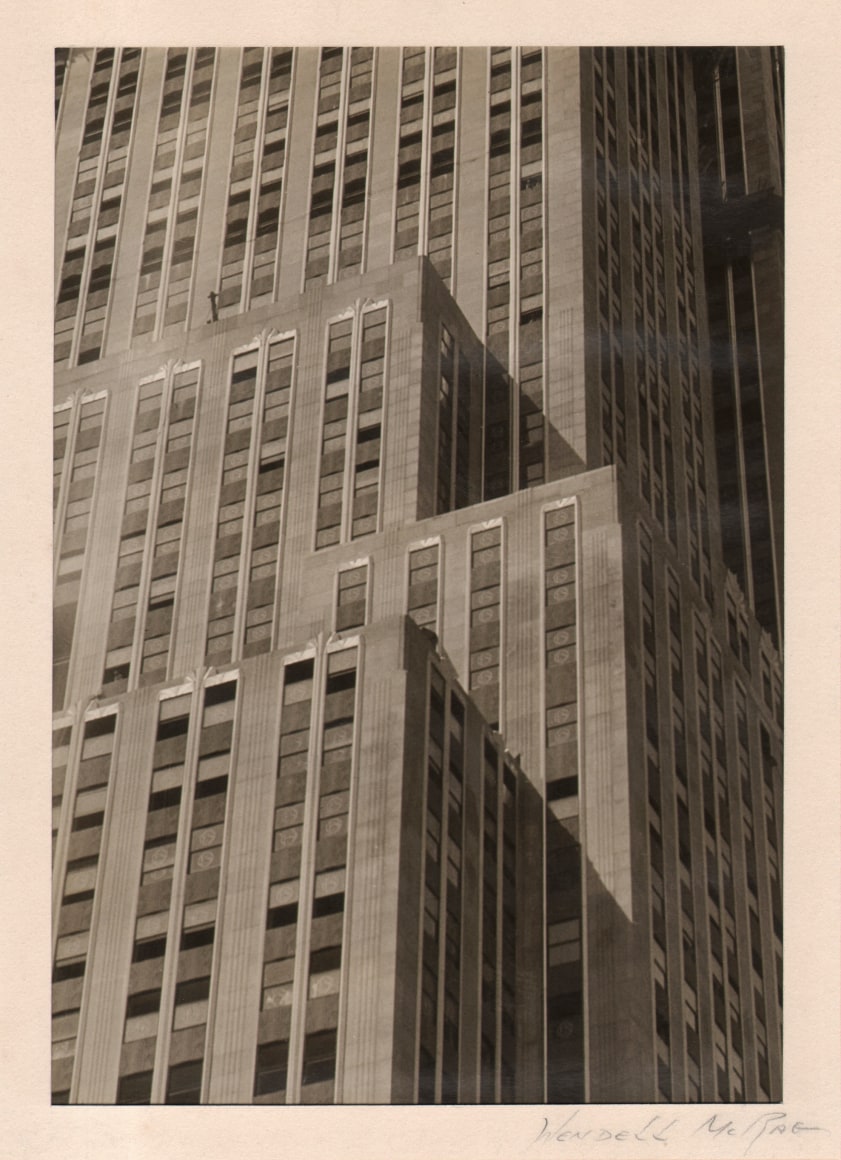 10. Wendell MacRae, Empire State Building, Lower Levels, ​c. 1930. Geometric abstraction: Window-covered building facade with four visible corners lit from the left, shadows cast to the right.