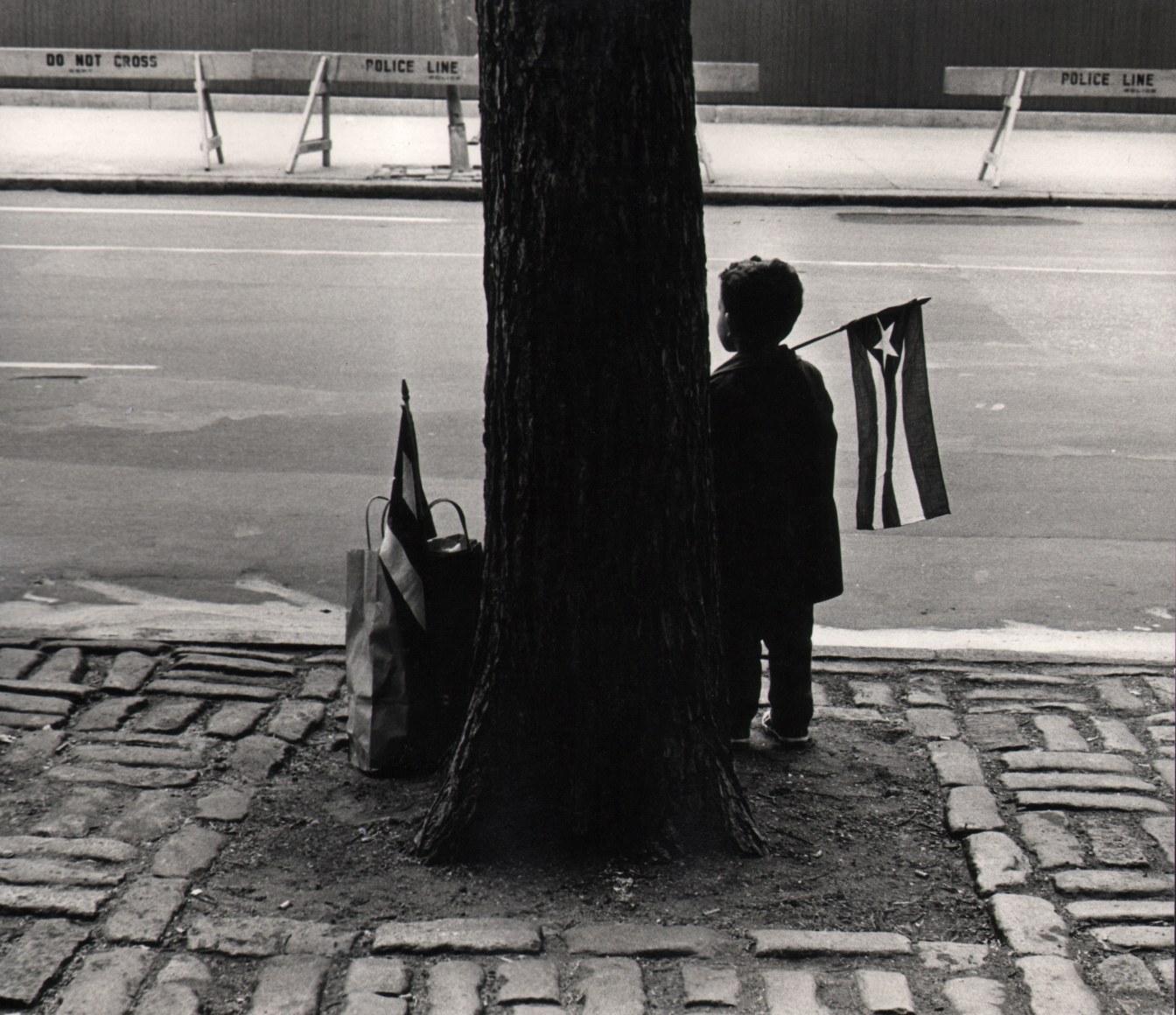 03. Beuford Smith, Boy Holding Flag, ​1966. A young boy stands silhouetted beside a tree trunk, facing the street, a small Puerto Rican flag over his shoulder.
