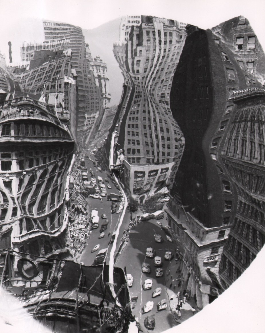 22. Weegee, Herald Square Distortion, ​c. 1950. Elevated view of the street and buildings distorted with a funhouse mirror-type effect.