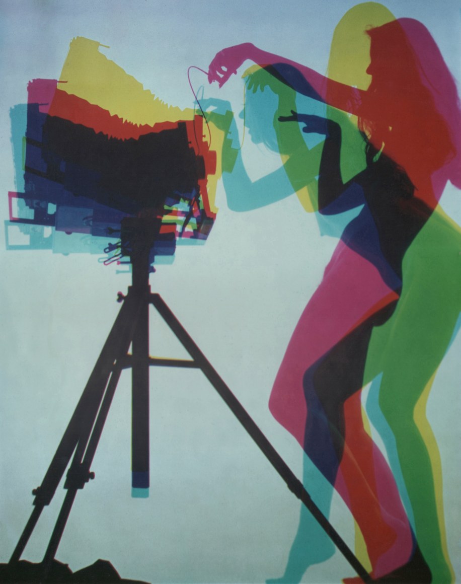 20. David Attie, Untitled, ​c. 1968. Color photo featuring separate color exposures (cyan, magenta, and yellow) of a woman in side profile in various positions operating a view camera.