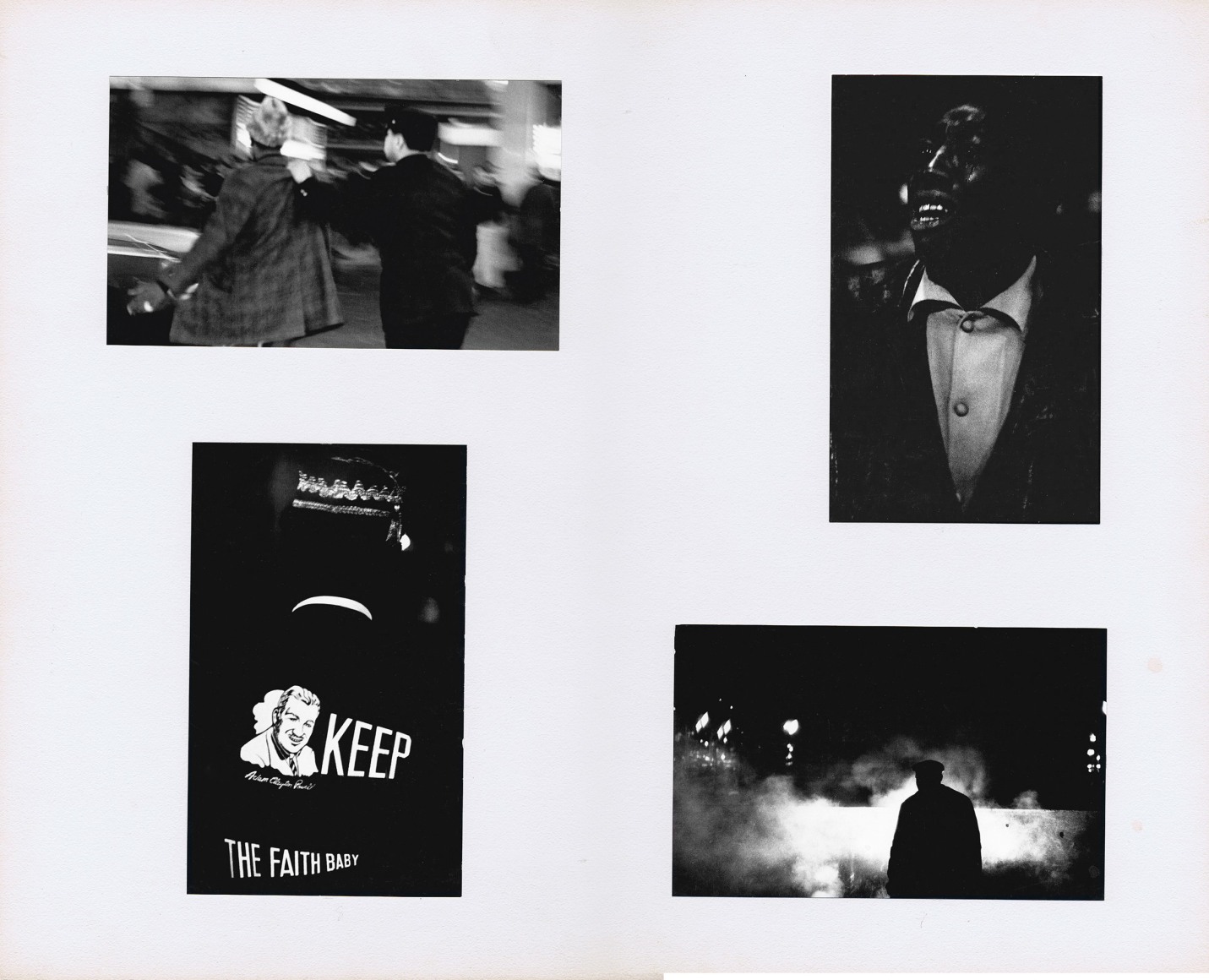 32. Beuford Smith, I Have a Dream: The Assassination of Martin Luther King, Jr., April 5, 1968. Four photographs mounted on white board. Features a man being arrested, a young man crying, a man wearing a jacket that reads &quot;Keep the faith, baby,&quot; and a figure silhouetted against clouds of smoke.