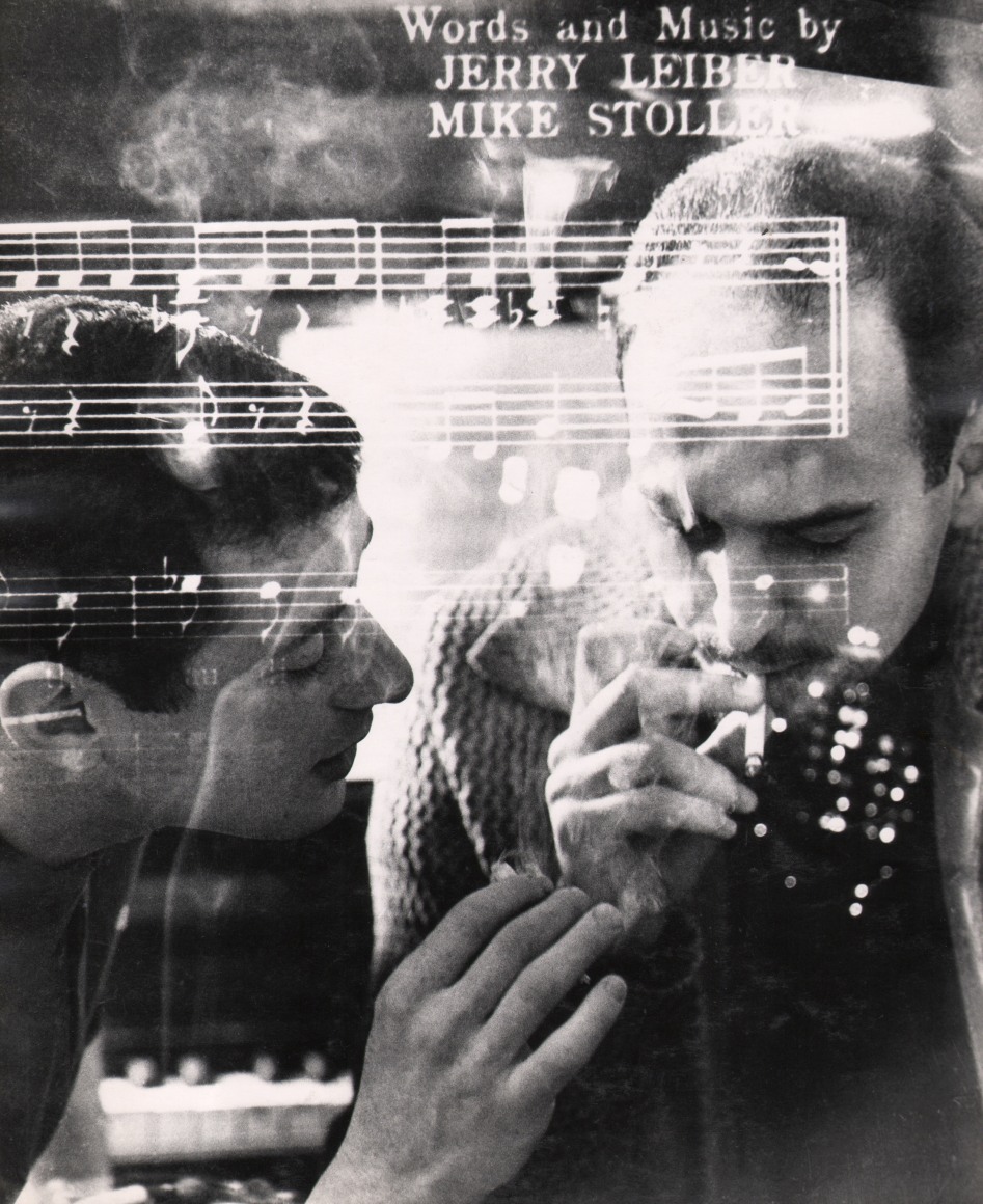 04. David Attie, Jerry Leiber &amp; Mike Stoller, n.d. Double-exposure photograph of two men smoking cigarettes, overlaid with sheet music featuring the words &quot;Words and Music by Jerry Leiber / Mike Stoller&quot;.