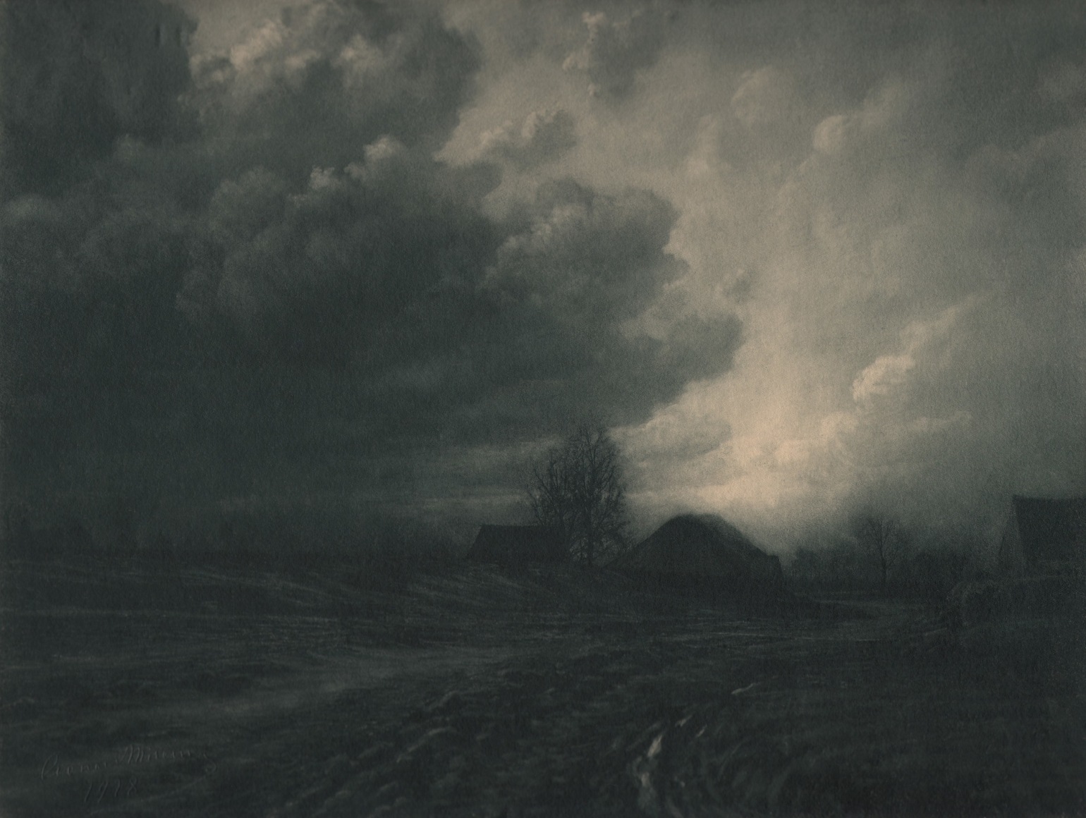 17. L&eacute;onard Misonne, Cumulus, 1928. Rural landscape with 2/3 of the frame occupied by clouds in dim light. Gray/green-toned print.