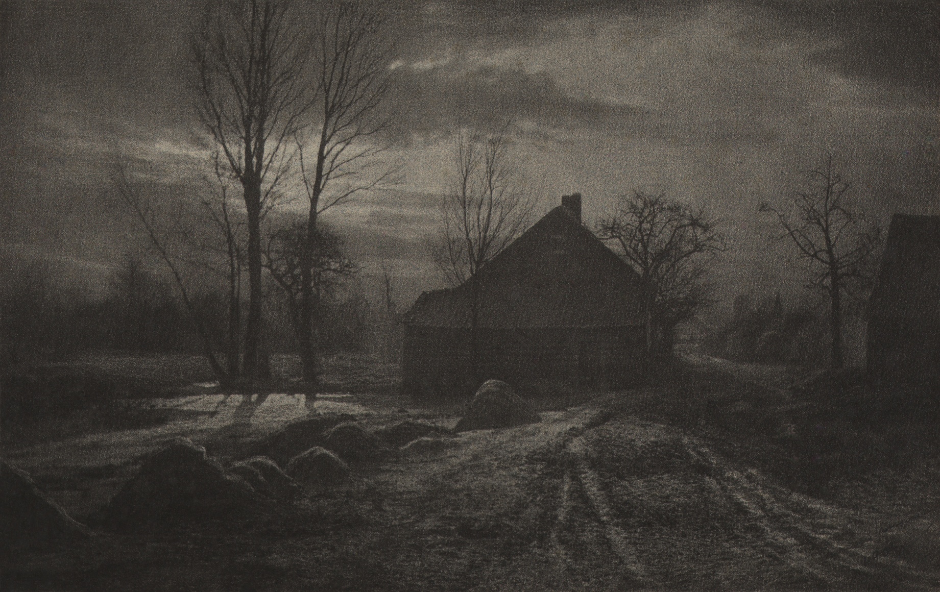 18. L&eacute;onard Misonne, Coucher de soleil, c. 1901. Rural landscape with small mounds, sparse trees, and a house or barn at sunset.
