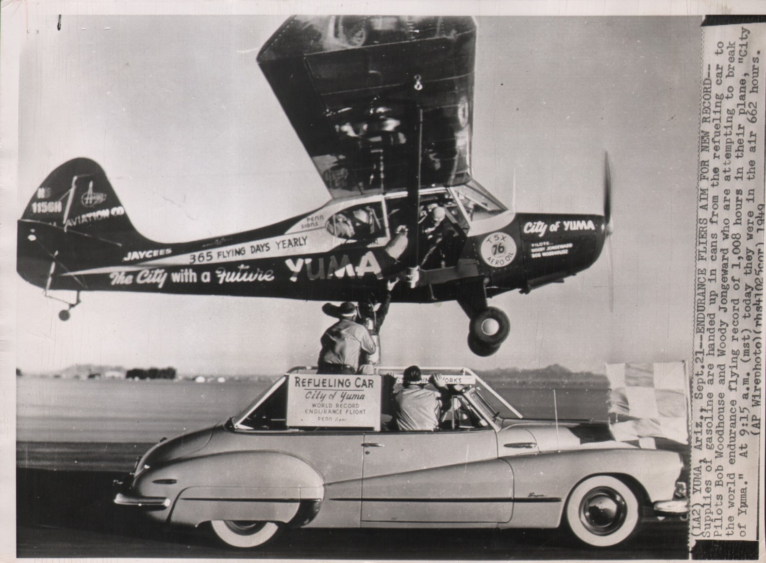 44. Associated Press, Endurance Fliers Aim for New Record, ​September 21, 1949. &quot;Refueling car&quot; drives beneath a small airplane marked &quot;City of Yuma&quot;