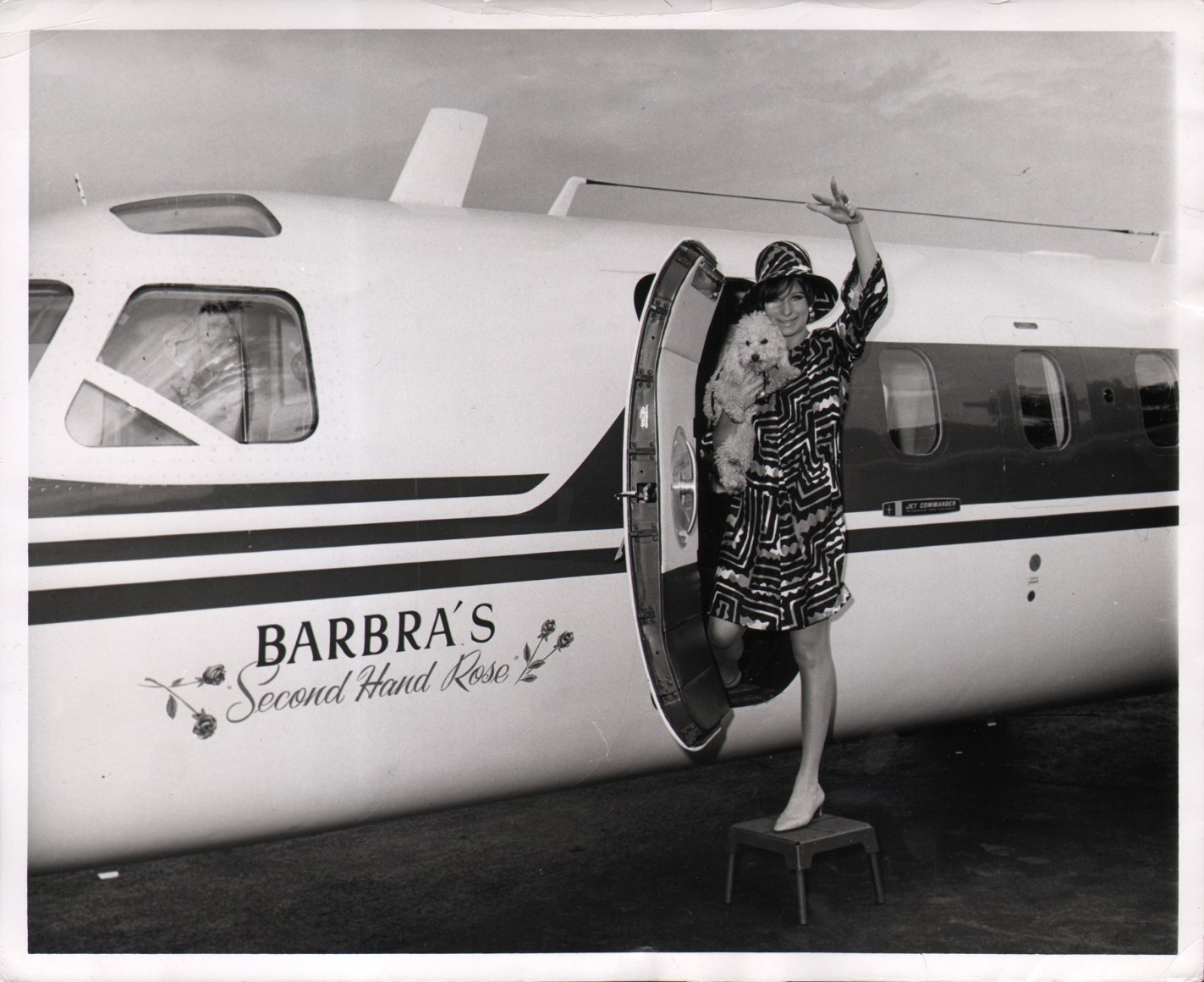 49. Photo Gratis, New York: Entertainer Barbra Streisand, ​August 5, 1966. Streisand steps off of a plane marked &quot;Barbra's Second Hand Rose,&quot; waving and carrying a small dog.