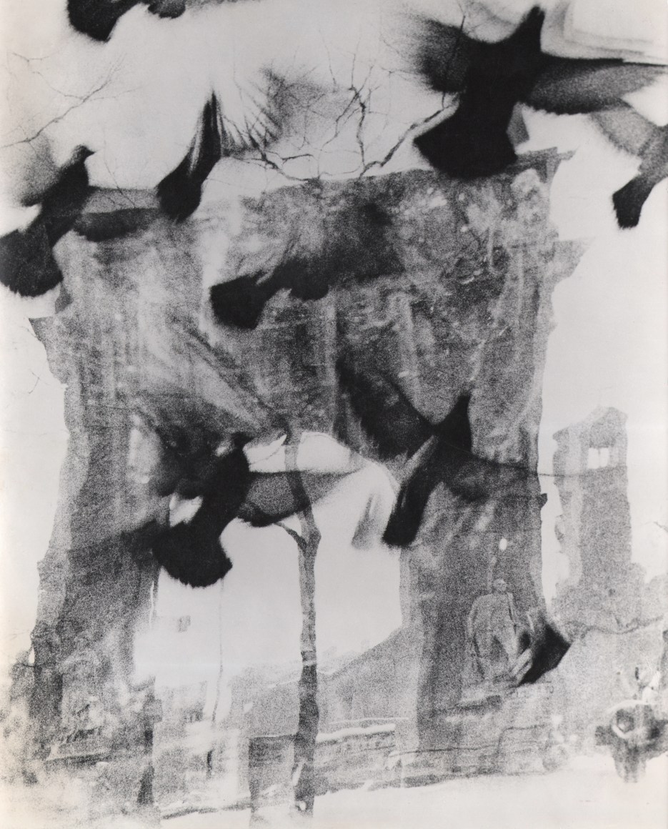 29. David Attie, Washington Square Park, Saloon Society, 1959. Blurred/distorted photo of the Washington Arch with birds taking flight in the foreground.