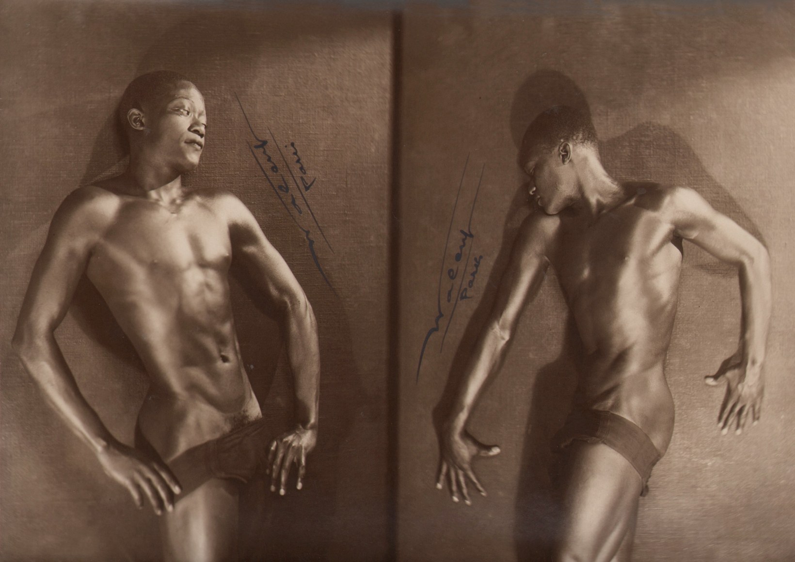 Lucien Walery, Feral Benga Diptych, ​c. 1925. Two side by side photos of the shirtless subject, poses are facing each other.